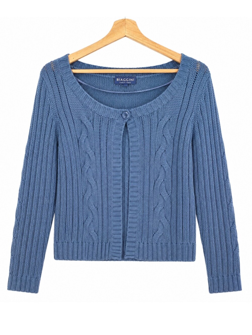 Biaggini Cable Knit Cardigan Fisherman Sweater Style Slate Blue One Button Large